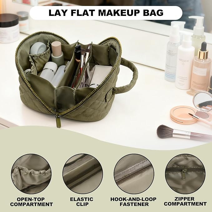 Makeup Bag,Quilted Puffer Cosmetic Bag for Women, 180° Lay-Flat Travel Make up Bag, Waterproof Large Capacity Toiletry Bag with Sturdy Zippers, Portable Makeup Organizer for Travel & Daily Use