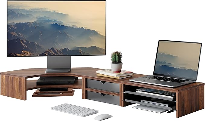 Fenge Dual Monitor Stand, Corner Monitor shelf with Drawer and Slide-Out Tray, 2 Tier Triangle Monitor Riser with Storage, Desk Shelf Organizer for Desk, Home Office, Computer, Laptop, Printer