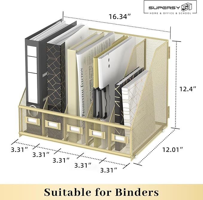 SUPEASY Desk Organizers Metal Desk Magazine File Holder with 5 Vertical Compartments Rack File Organizer for Office Desktop, Classroom, Home Workspace, Golden Yellow, Plus