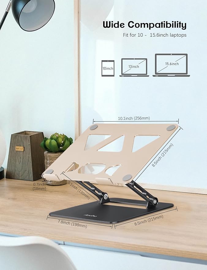 Aoviho Adjustable Laptop Stand for Desk,Portable Laptop Stand Holder and Riser,Foldable Aluminum Notebook Computer Stands for MacBook Air Pro HP Lenovo Dell Samsung, 10-15.6 inch,Moonlit Gold Noir