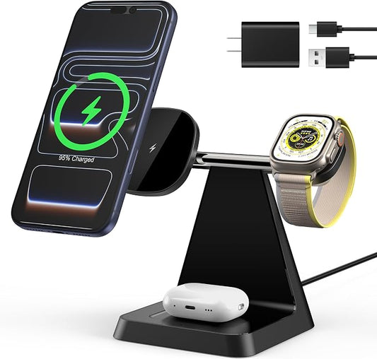 3-in-1 Magnetic Wireless MagSafe Charger Stand for Apple Devices | Charging Station for iPhone 12/13/14/15/16/17, Apple Watch & AirPods – Ideal for Nightstand, Desk, or Home Office
