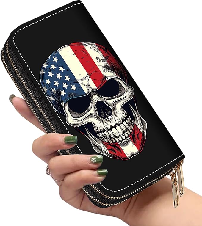 Women's Large Capacity Wallet PU Leather Double Zipper Clutch Purse Multifunctional Wallet with Removable Wristlet Strap for Smart Phone/Coin/Card/Cash - American Flag Skull