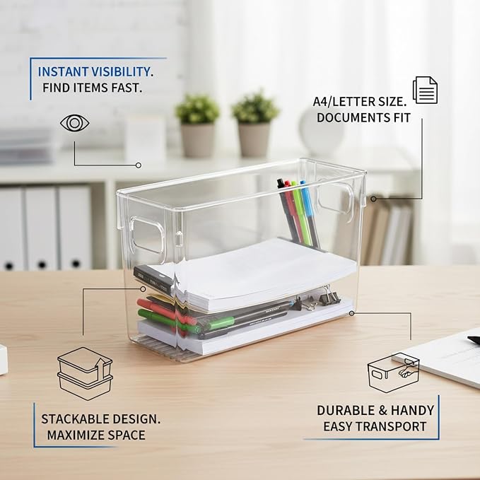 Clear PET Storage Box for Office Desk, Stackable Organizer Bin for A4 Documents and Supplies
