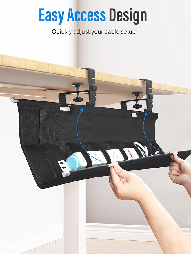 [Upgraded] Large Under Desk Cable Management Tray, Cinati Cable Management Under Desk No Drill, 49.2" Fabric Cord Hider for Wire Organizer, Cord Organizer for Office, Home - Supports Up to 30lbs Black