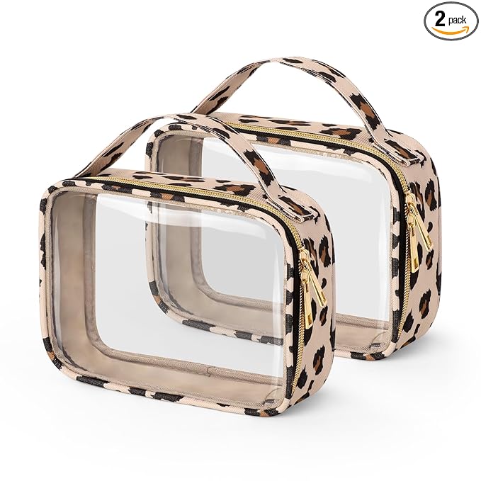 Wedama Clear Toiletry Bag, 2 Pack Clear Makeup Bags with Handles, Large Travel Bags PVC Cosmetic Bag for Women and Men, Carry on Airport Airline Compliant Bag, Leopard Print