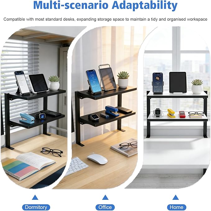 Clamp On Desk Shelf 2 Tier Office Desk Shelves Organizer, Adjustable Above or Under Desk Storage Shelves, Tabletop Book Storage Rack Heavy Duty Desktop Organizer for Working and Gaming Accessories