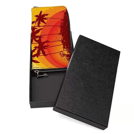 Clutch Wallet Holder for Women Men Bird Palm Sunset Portable Accordion Zipper Credit Card Storage Bag Waterproof Purse Leather Wallet for Travel Work Shopping