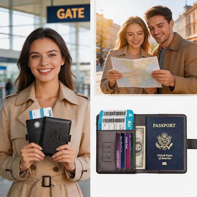 Passport Holder with RFID Blocking Leather Travel Wallet | Multiple Card Compartments, SIM Card Access, Compact Carry Design, Flight Ready Essentials for Men & Women, Black