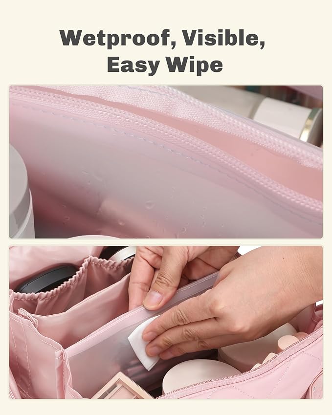 Hynes Eagle Travel Makeup Bag for Women Puffy Cosmetic Organizer Pouch Open Flat Toiletry Bag for Toiletries Brushes Structured Base Light Pink