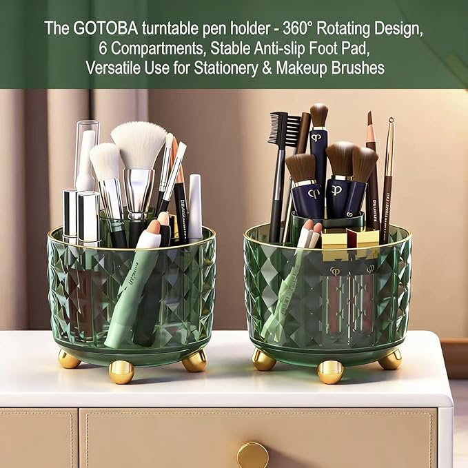Dark Green Pen Pencil Holder for Desk, 360° Rotating Pen Organizer, Green Office Supplies, Cute Pen Holder, 6-Compartment Pencil Holder Rotating