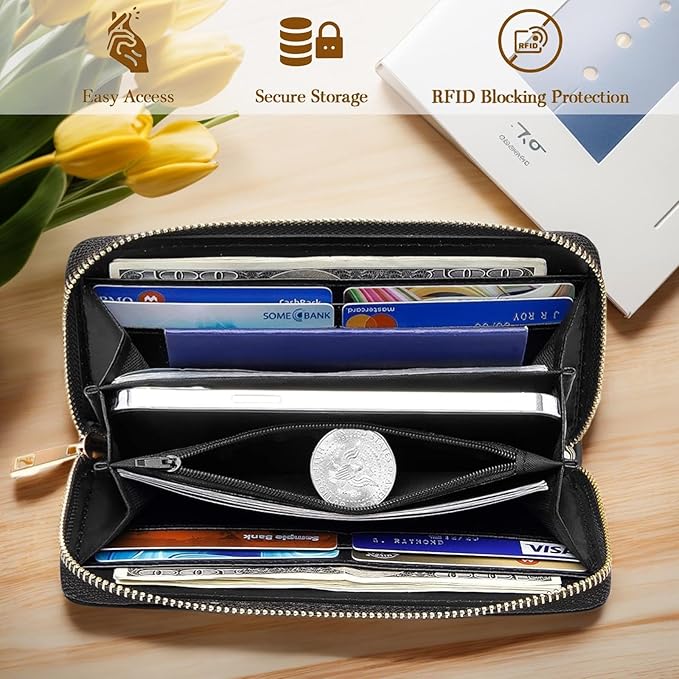 Womens Wallet,RFID Blocking Large Capacity Clutch,Zip Around Leather Purse with 8 Card Slots,Bill Compartments Coin Pocket - Funny Dinosaur
