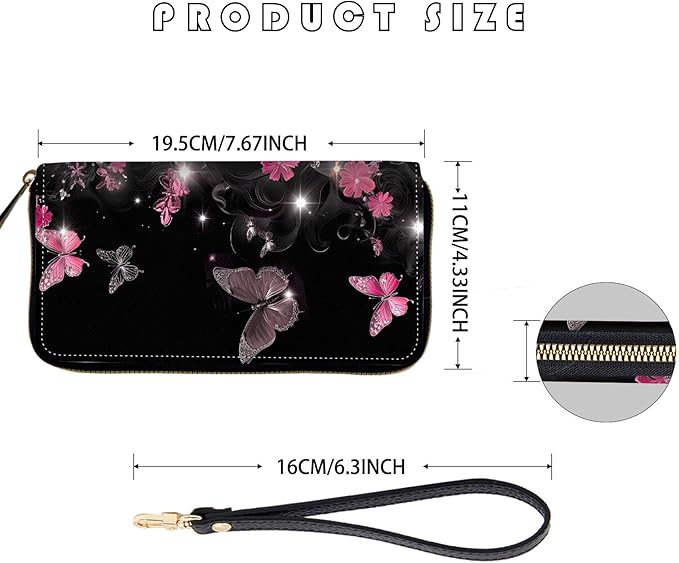 Women's RFID Blocking Zip Around Wallet with Detachable Wrist Strap, Large Capacity Credit Card Holder Organizer for Everyday Use,Butterflies Flower