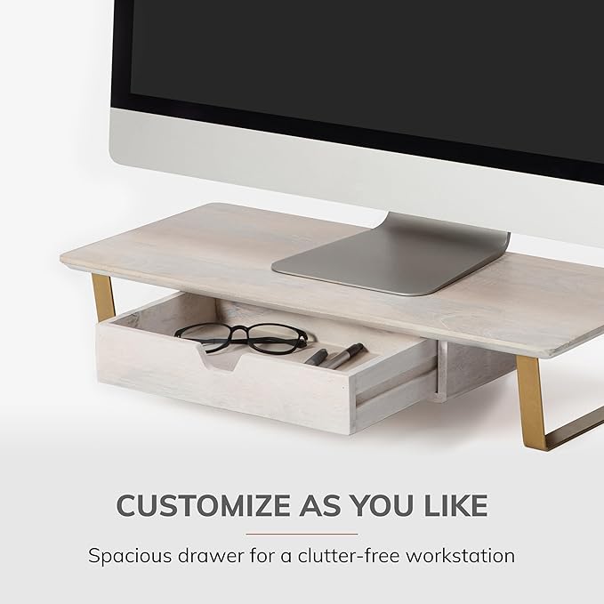 Anji Mountain Monitor Stand - Desktop Organizer & Laptop Riser, Ergonomic Monitor Riser, Space-Saving Monitor Stand for Desk, Durable Construction, Easy Assembly, Ideal for Home & Office,White Wash