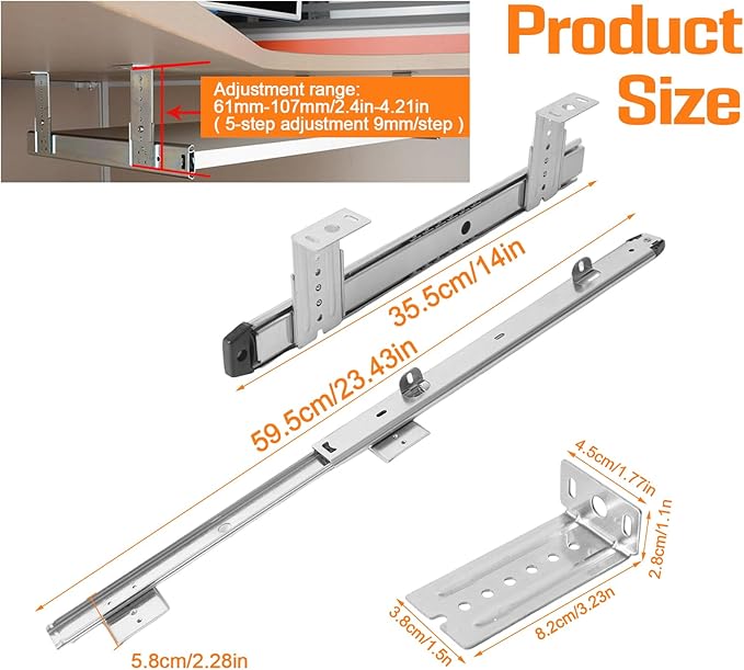 Under Desk Keyboard Tray Pull Out Slide Height Adjustable Slide Out Keyboard Draw Holder Track Full Extension Ball Bearing Under Table Lift Bracket for Mounting Music Keyboard Piano Without Tray