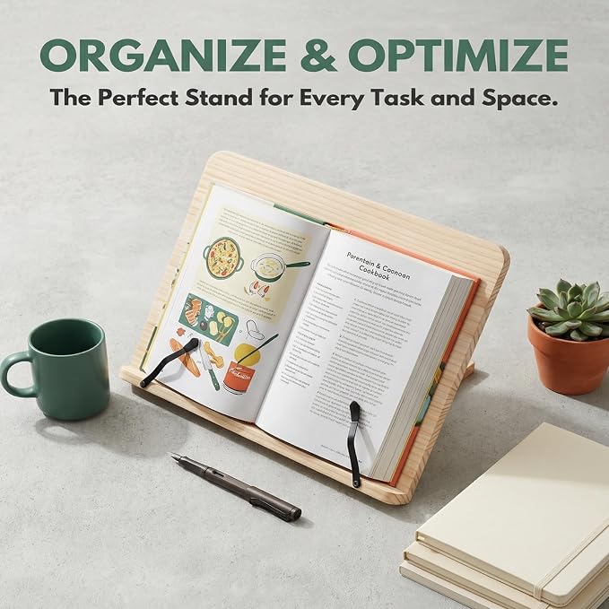 Adjustable Wooden Book Stand 8 Height Levels, Ergonomic Reading Holder for Cookbook Textbook, Foldable Desktop Book Stand with Page Paper Clips, Portable Hands-Free Stand for Kitchen Office