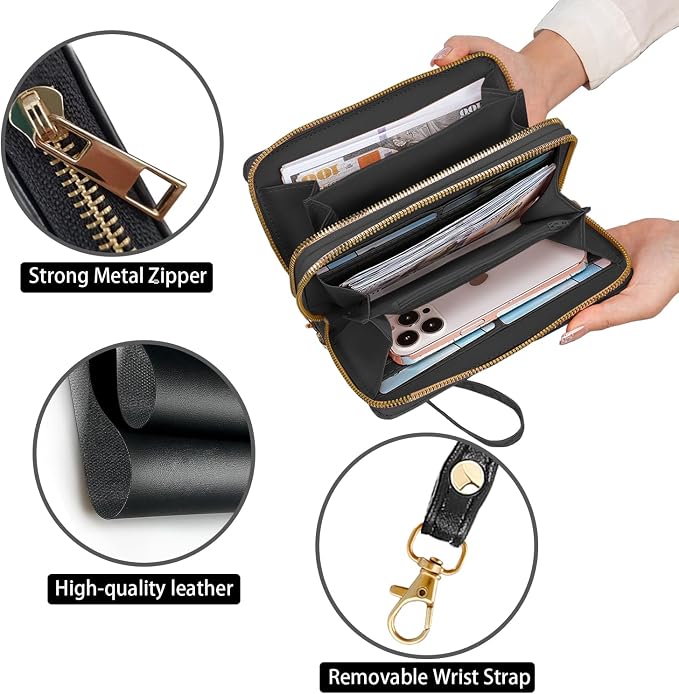 Women's Large Capacity Wallet PU Leather Double Zipper Clutch Purse Multifunctional Wallet with Removable Wristlet Strap for Smart Phone/Coin/Card/Cash, Watercolor Art Panda