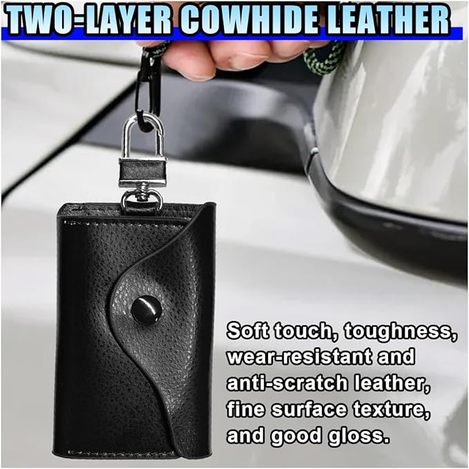 Leather Car Key Case Holder, Remote Key Fob Case with Keychain & Snap Closure – Universal Smart Keys Pouch for Men Women, Coin Holder Protection Bag with Metal Hook (Black)