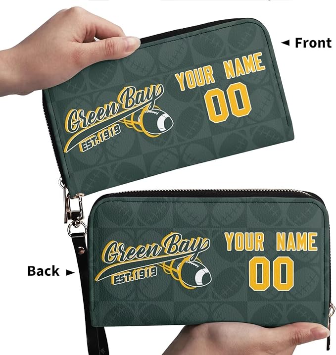 Custom Sports Team Zip Organizer Wallet-Personalized PU Leather Wallet with Name Number,Multi-Card Slots,Wrist Strap,Fan Gift for Men Women.