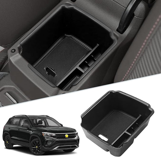 SKTU for 2022 2023 2024 2025 2026 Volkswagen Taos Center Console Organizer 2022 2023 2024 2025 2026 VW Taos Accessories Insert ABS Black Materials Tray Armrest Secondary Storage Box