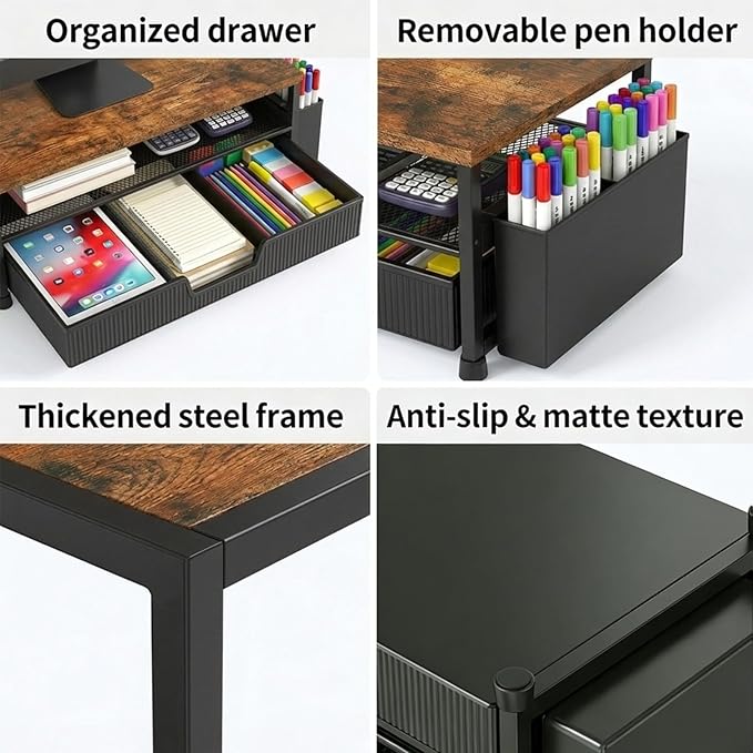 ECOLOVI Desk Organizer and Accessories, 2-Tier Computer Monitor Stand Rise with Storage Drawer & 2 Pen Holders, Laptop & Printer Stand for Desktop, Workspace Organizers for Office Supplies (Brown)