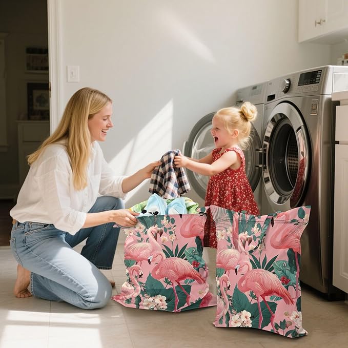Travel Laundry Bags 2 PC Wet Dry Bag with Handle Dirty Clothes Organizer for Swimsuits Beach Camping Waterproof Washable Pink Tropical Flamingo and Plants