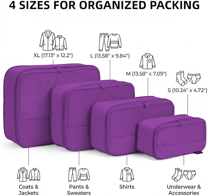 4 Piece Compression Packing Cubes for 3–7 Day Travel, Space Saving Travel Organizers with Breathable Mesh, Double-Zipper Packing Cubes for Carry-On & Suitcases (Purple)