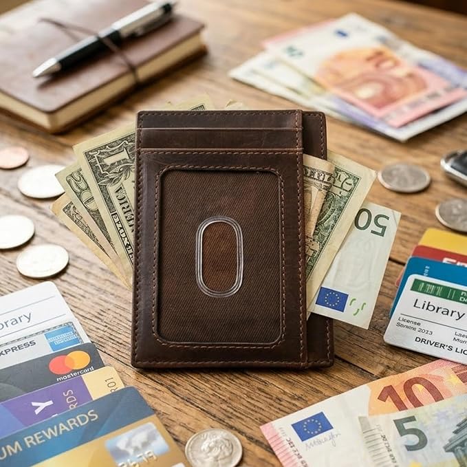 ili New York Genuine Leather Slim RFID Card Holder for Men - 7 Slots, Clear ID Window with Thumb Slide, Compact 4.5" x 3", Minimalist Credit Card Holder for Front or Back Pocket - Turquoise