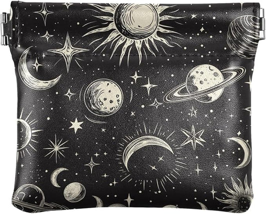 Stars Moon Sun Women's Waterproof PU Leather Coin Purse, Slim Travel Wallet with Zipper - Compact Card Holder & Jewelry Organizer for Cash, Keys, Lipstick