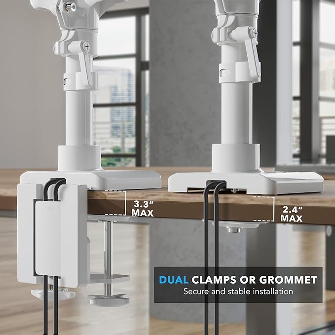 Mount-It! Triple Monitor Mount, 3 Monitor Desk Mount, Gas Spring Arms, Fits 13??7" Screens, VESA 75 & 100, Clamp or Grommet, USB-A & USB-C, White
