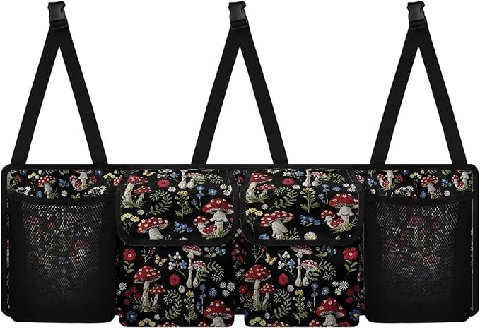 Mushroom Designs Car Trunk Organizer Hanging Car Back Seat Storage Bag with 4 Large Pockets Multipurpose Collapsible Storage Bag Automotive Interior Accessories