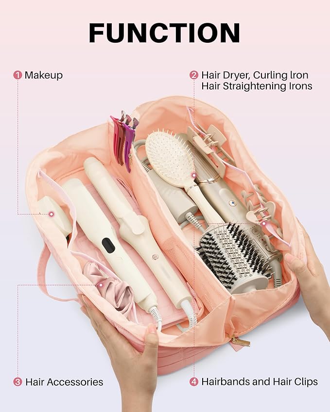 Hot Tools Travel Case with Heat Resistant Mat Pouch, Large Hair Tool Organizer Bag for Curling Iron Flat Iron Hair Dryer Hot Air Brush, Water Resistant Makeup Bag Gift for Women, Pink