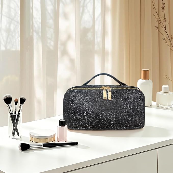 Travel Makeup Bag with Compartments & Organizers – Flat Open Cosmetic Pouch for Women, Purse-Style Design for Traveling, Perfect for Toiletries & Cosmetics Black