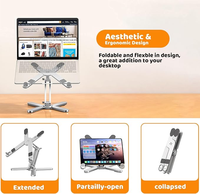 Moallia N86 360 Rotating Laptop Stand, Adjustable Height & Angle, Ergonomic Metal Riser for Desk Collaborative Work, Fully Foldable for Easy Storage, Fits All MacBook & Laptops up to 16 inches, Silver