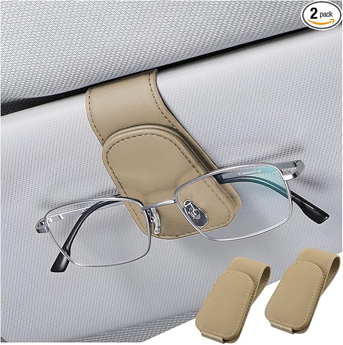 zipelo Sunglasses Holder for Car Sun Visor, 2 PCS Magnetic Leather Eyeglass Hanger, Sun Glasses Mount Clip on Visors, Ticket Card Cash Organizer, Auto Interior Accessories (Beige)