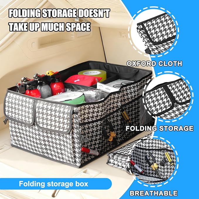 Car Trunk Organizer, Collapsible Multi-Compartment Large Capacity Vehicle Storage Container, Foldable Adjustable Automotive Interior Organization Box, Universal Fit (Houndstooth)