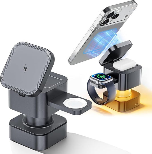 2026 New Magsafe Wireless Charging Station Apple 4 in 1 Charger Stand for Devices Supports iPhone 17 16 15 14 13 12 17e Apple Watch AirPods Series with Light (Gray)