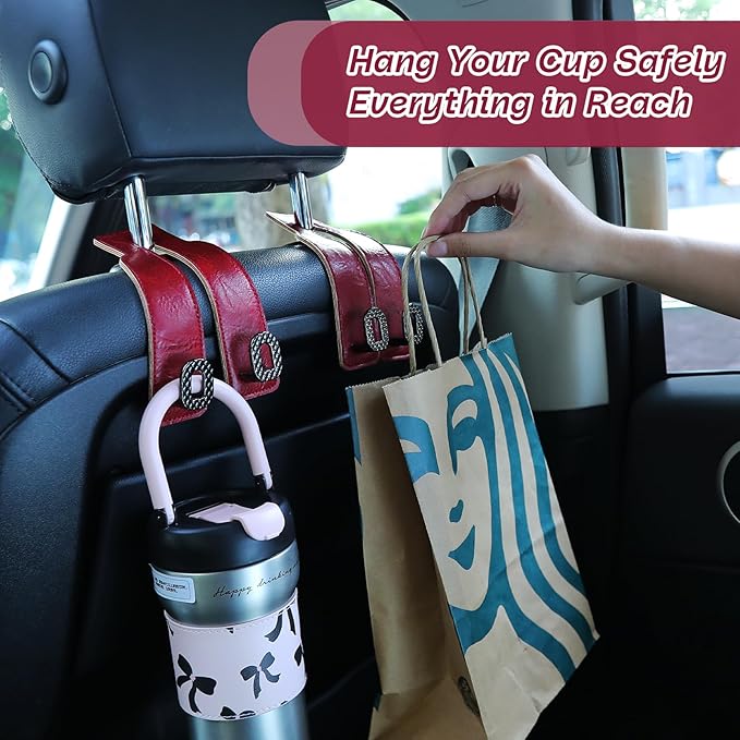 Car Headrest Hooks Universal Car Purse Hook Premium Leather and Alloy Twin Hook Car Seat Back Storage Hanger Hook for Purse Bags Cloth Drink Durable Holder Car Accessories (BH09-Red-Black)