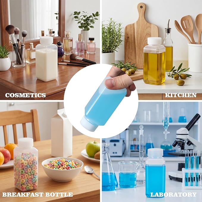 DEMORA 3.4oz Small Square Plastic Travel Bottles, Reusable Leak Proof Liquid Containers with Caps and Stickers for Pill, Water, Juice（4 Translucent & 4 White, 8 Pcs）