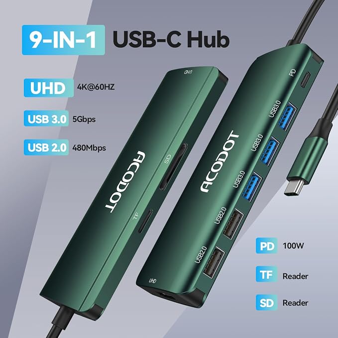 Acodot 9 in 1 USB C Hub - 4K@60Hz HDMI Adapter, 3 USB 3.0 Ports, SD/TF Card Reader, 100W PD, Multiport Adapter for MacBook Pro, Air, HP, XPS, Green