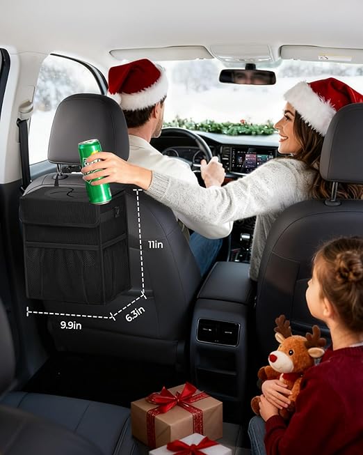 Corduroy Car Trash Can with Lid and Mesh Pockets - Leakproof Organizer,Multipurpose Waterproof Garbage Can/Trash Bin for Car(Black-3 Gallons)