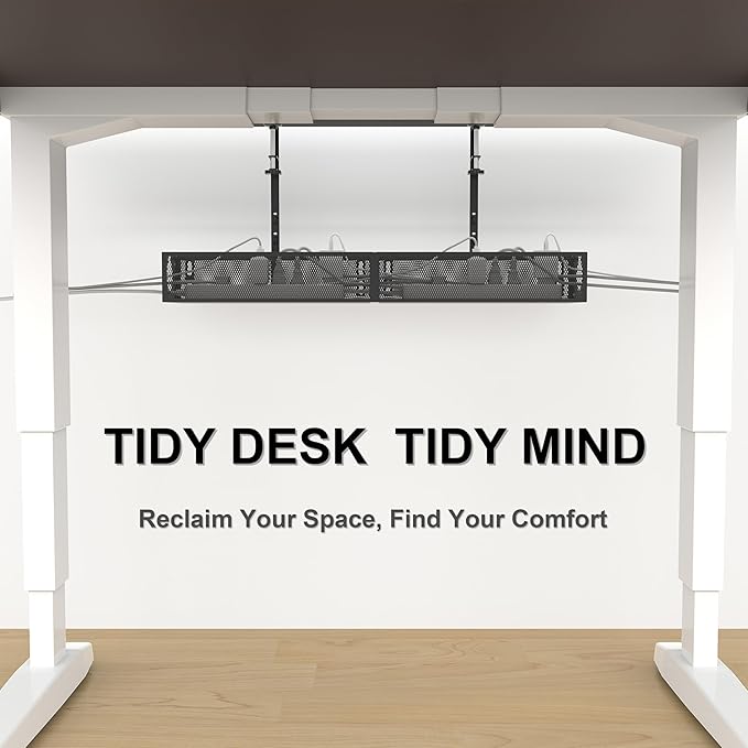 Under Desk Cable Management Tray - Fits up to 1.77" Thick Desks, No-Drill Clamp-on Wire Organizer, Reversible Inward/Outward Install, Heavy Duty Metal Power Strip Holder for Home Office & Gaming Desk