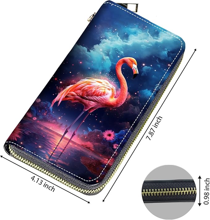 Women's Large Capacity Wallet, Portable PU Leather Zipper Wallet for Smart Phone/Card/Coin/Cash, Multifunctional Clutch Wallet with Removable Wristlet Strap - Flamingo