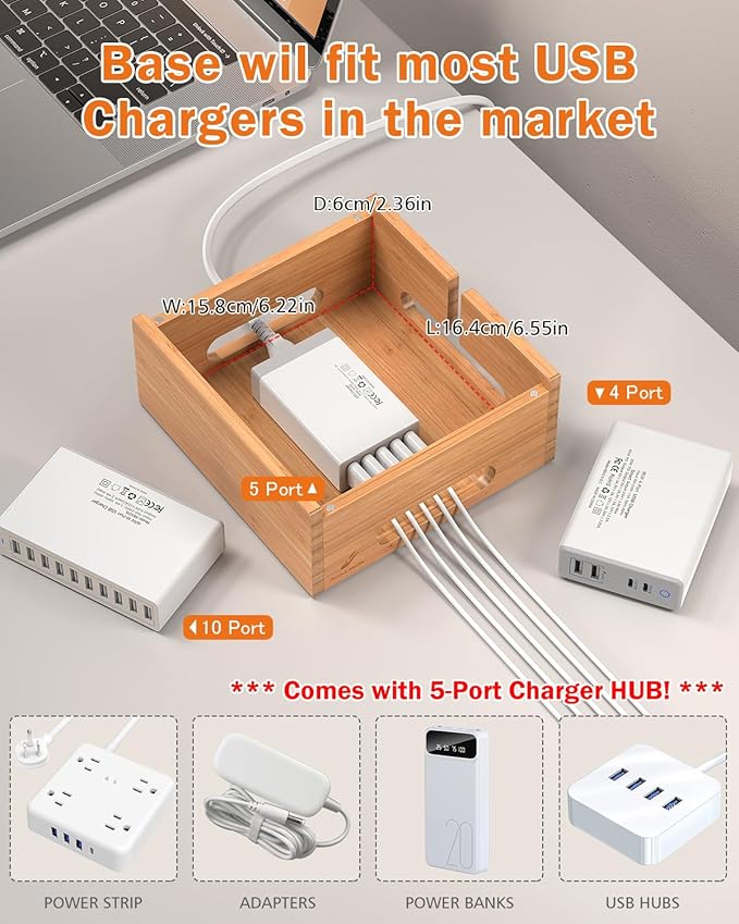 Pezin & Hulin Bamboo Charging Station for Multiple Devices, with Power Charger, Wire Cables 5 Pack, Compatible with Multi Phones & Tablet, for Earbuds & Smart Watch
