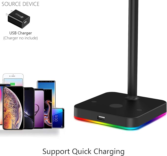 KAFRI RGB Headphone Stand with USB Hub Desk Gaming Headset Holder Hanger Rack with 1 USB2.0 Extension Charging Port Extender Cord - Suitable for Gamer Desktop Table Game Earphone Accessories, Black