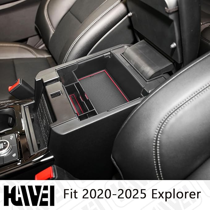 HGWEI Center Console Organizer Compatible with Ford Explorer 2020 2021 2022 2023 2024 2025 2026 Interior Accessories, Coin Holder Armrest Secondary Storage Box Container Insert Divider Tray, Red