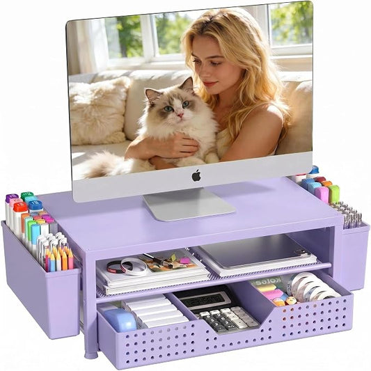 OPNICE Desk Organizers and Accessories, 2-Tier Computer Monitor Stand Riser with Drawer and 2 Pen Holders, Laptop Stand, Office Desk Accessories for Office Supplies, Purple