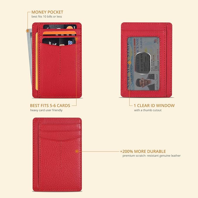 Oak Leathers Leather Slim Minimalist Wallet for Men & Women RFID Front Pocket Leather Card Holder Wallets (Nappa Red)