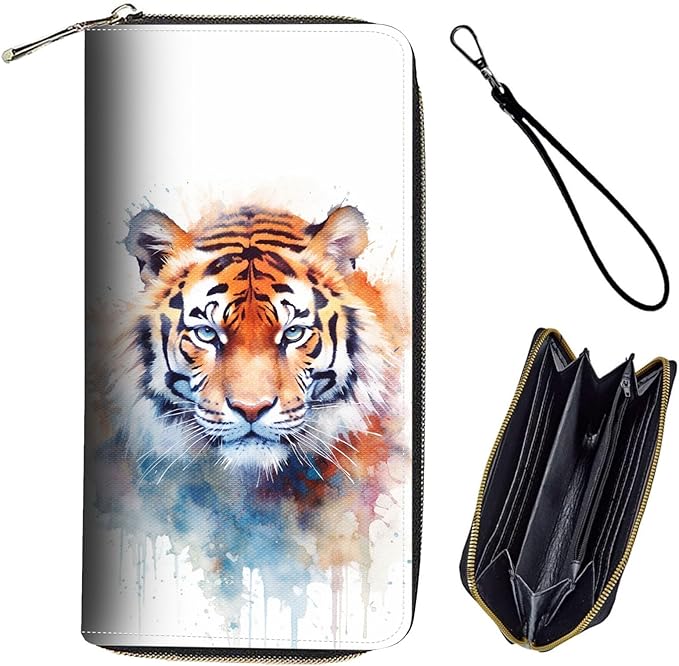 Bxgolkgd Womens Wallet, RFID Blocking Leather Wallet,Large Capacity Wallet Credit Card Holder PU Leather Ladies Clutch with Zipper Coin Pocket - Watercolor Tiger