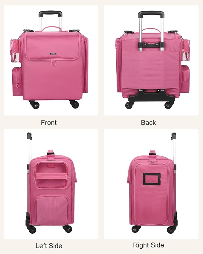 Relavel Rolling Makeup Train Case, Hairstylist Traveling Bag with 4 Wheels, Heat Insulation Full Layer, Adjustable Dividers, Hair Tools and Cosmetics Storage Organizer Trolley Suitcase, Rose Pink