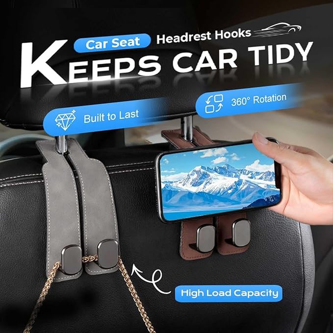 Premium Suede Double Car Headrest Hooks 2 Pack Seat Back Organizer Purse Holder Heavy Duty Metal Auto Interior Storage Clip for Bags(Black)
